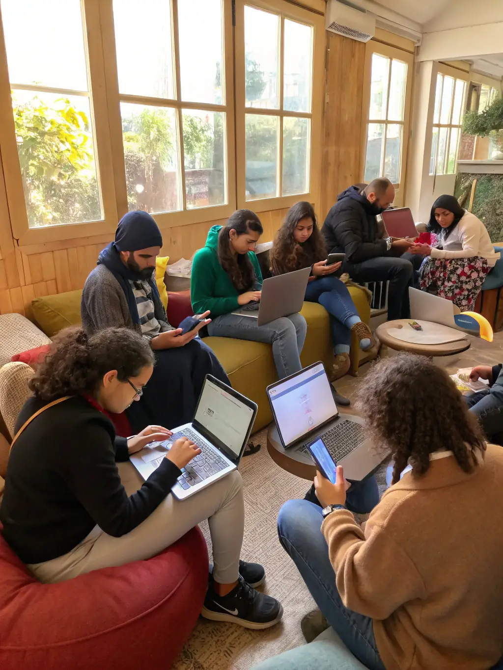 A diverse group of people interacting positively with digital content on various devices, showcasing Kailea LLC's online audience engagement services.