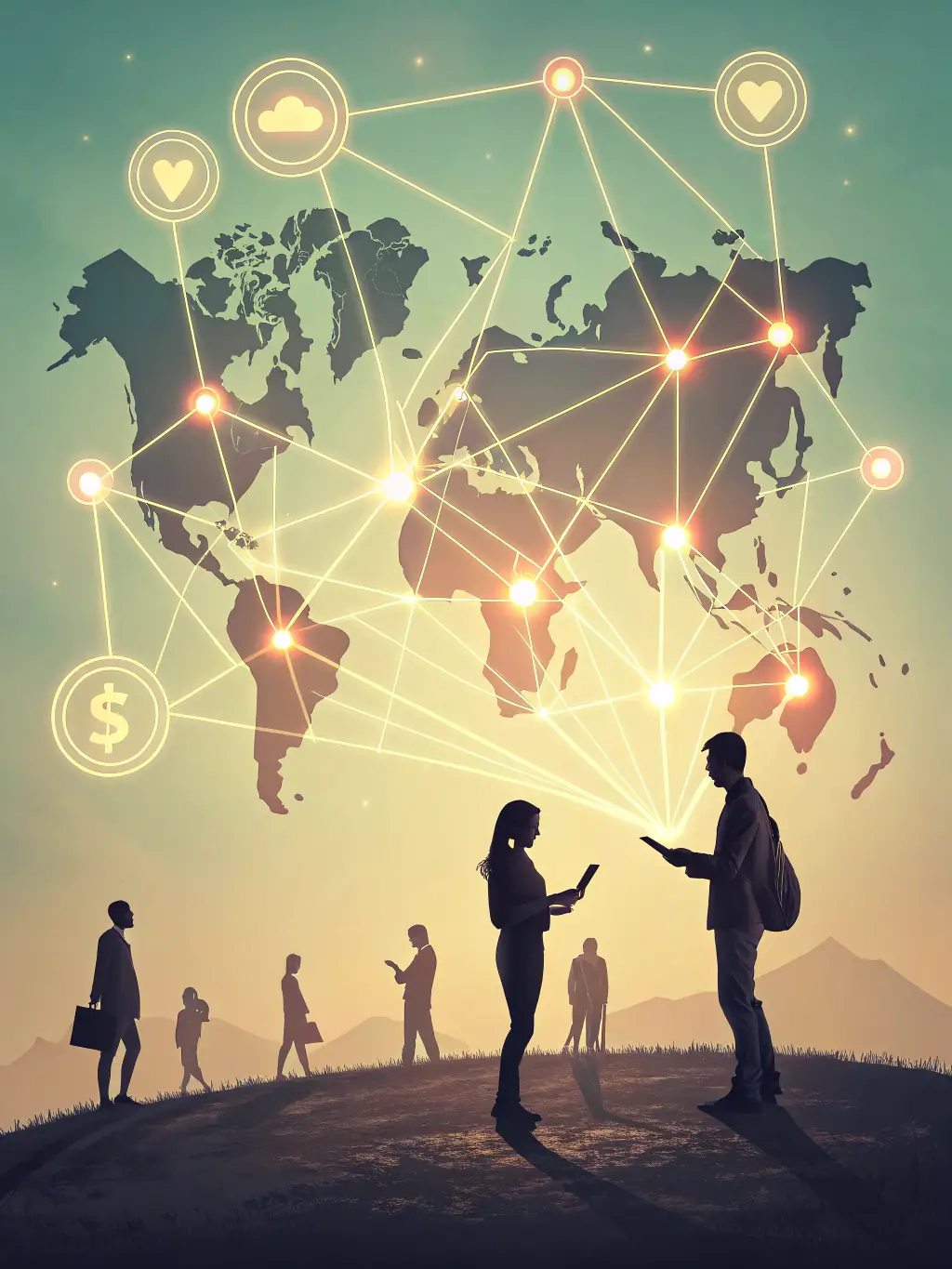 A global digital network illustration with interconnected nodes representing distribution channels, illustrating Kailea LLC's Digital Platform Distribution service.