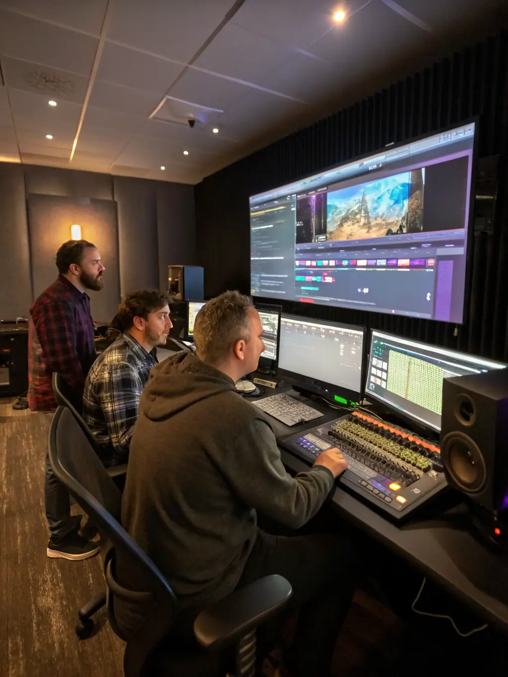 A professional digital media studio with editing equipment and content creators working on various media projects, showcasing Kailea LLC's Digital Media Production service.